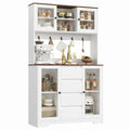 Homfa Kitchen Pantry Cabinet with Hutch & Countertop, 4 Drawers Glass Doors Storage Cabinet with Adjustable Shelves for Dining Room, White