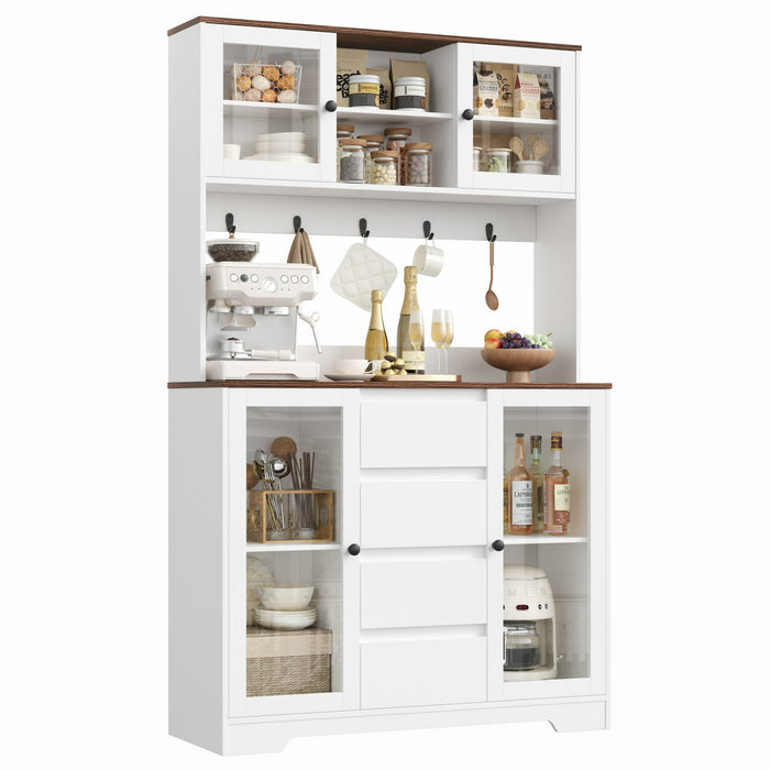 Homfa Kitchen Pantry Cabinet with Hutch & Countertop, 4 Drawers Glass Doors Storage Cabinet with Adjustable Shelves for Dining Room, White