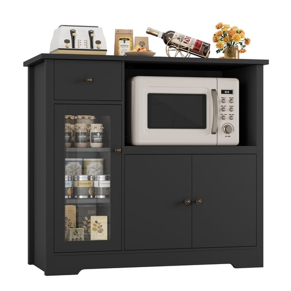 Homfa Microwave Cabinet with Hutch, Kitchen Pantry Cabinet Sideboard with Adjustable Shelves and Drawer for Dining Room, Black