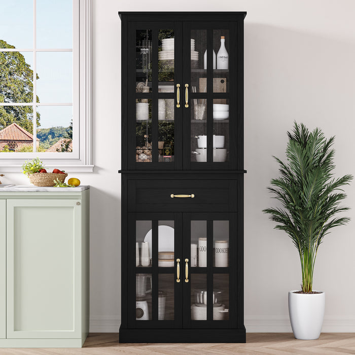 Homfa Modern Storage Cabinet with Glass Doors, 71'' Kitchen Pantry with Adjustable Shelves, Wood Bookcase, Black