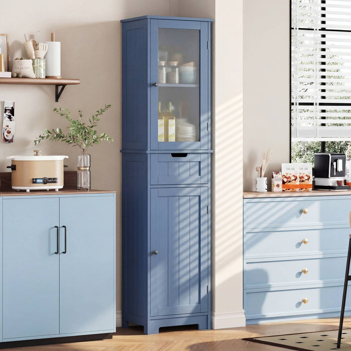 Homfa Narrow Kitchen Pantry Storage Cabinet, 67" Slim Pantry Cabinet with Drawer and Door, Space-Saving Freestanding Storage Cabinet for Small Place, Blue