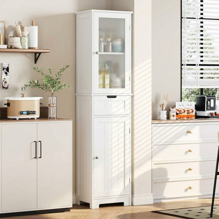 Homfa Narrow Kitchen Pantry Storage Cabinet, 67" Slim White Pantry Cabinet with Drawer and Door, Space-Saving Freestanding Storage Cabinet for Small Place