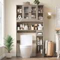 Homfa Over The Toilet Storage Cabinet with Toilet Paper Holder Stand, Above Toilet Organizer with Glass Doors, Behind Toilet Shelf for Restroom, Bathroom, Laundry, Wash Gray