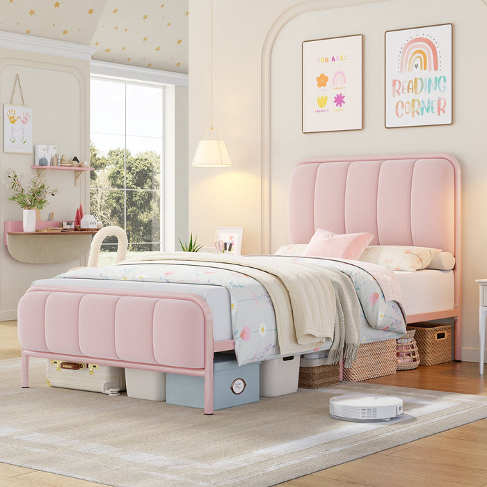 Homfa Pink Twin Size Bed Frame for Girls, Heavy-Duty Metal Tube Platform Bed Frame with Velvet Tufted Headboard for Bedroom