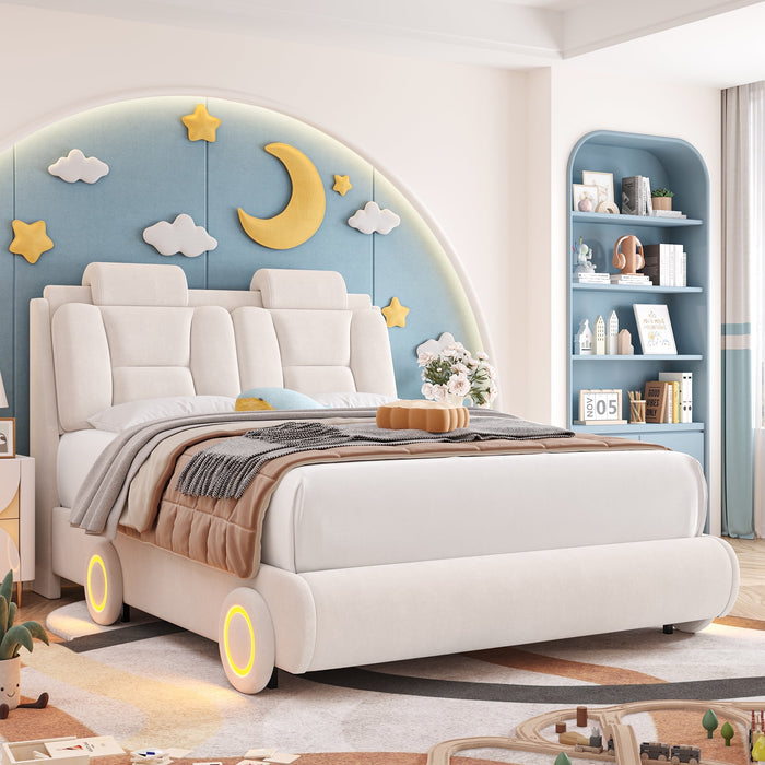 Homfa Queen Size Bed Frame with LED Wheel, Velvet Upholstered Platform Bed with with Adjustable Headboard and Pillow, Beige