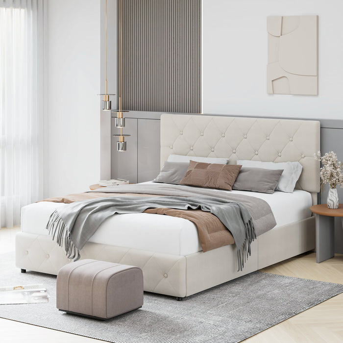 Homfa Queen Size Bed with 4 Storage Drawers, Tufted Upholstered Platform Bed Frame with Adjustable Headboard, White
