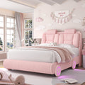 Homfa Queen Size Car Bed Frame with LED Wheels, Velvet Upholstered Platform Bed with Adjustable Headboard and Removable Pillows, Pink