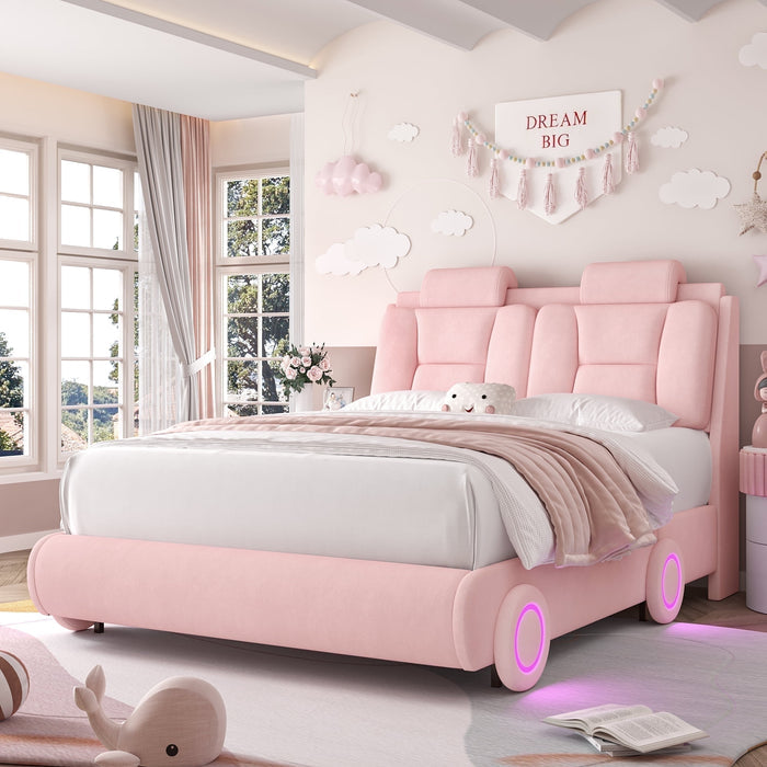 Homfa Queen Size Car Bed Frame with LED Wheels, Velvet Upholstered Platform Bed with Adjustable Headboard and Removable Pillows, Pink
