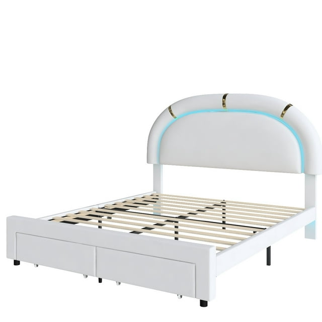 Homfa Queen Size LED Bed Frame with 2 Storage Drawer, Modern PU Leather Upholstered Platform Bed with Arched Headboard, White