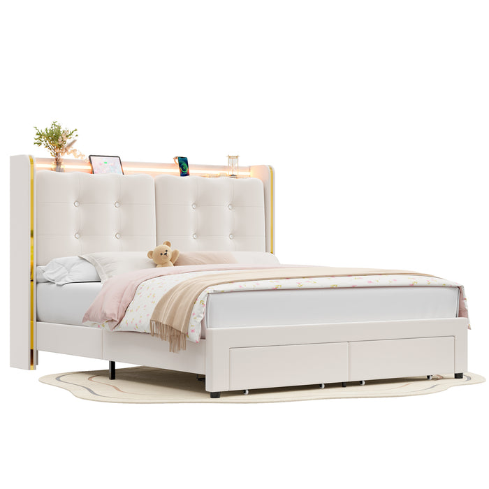 Homfa Queen Size LED Bed Frame with Drawer, Velvet Crystal Button Upholstered Platform Bed Frame with Outlets and USB Ports & Display Platform, No Box Spring Needed, Beige