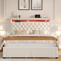 Homfa Queen Size LED Bed Frame with Outlets and USB Ports, Modern Storage Platform Bed with Velvet Fabric Button Tufted Upholstered Headboard, Beige