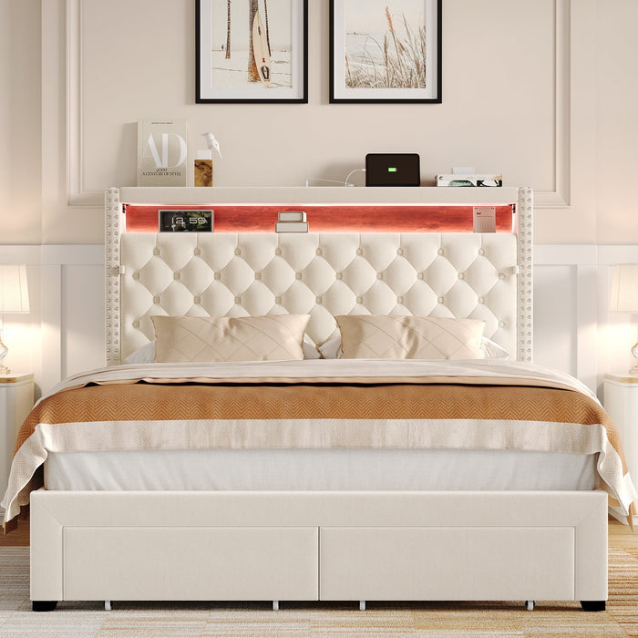 Homfa Queen Size LED Bed Frame with Outlets and USB Ports, Modern Storage Platform Bed with Velvet Fabric Button Tufted Upholstered Headboard, Beige