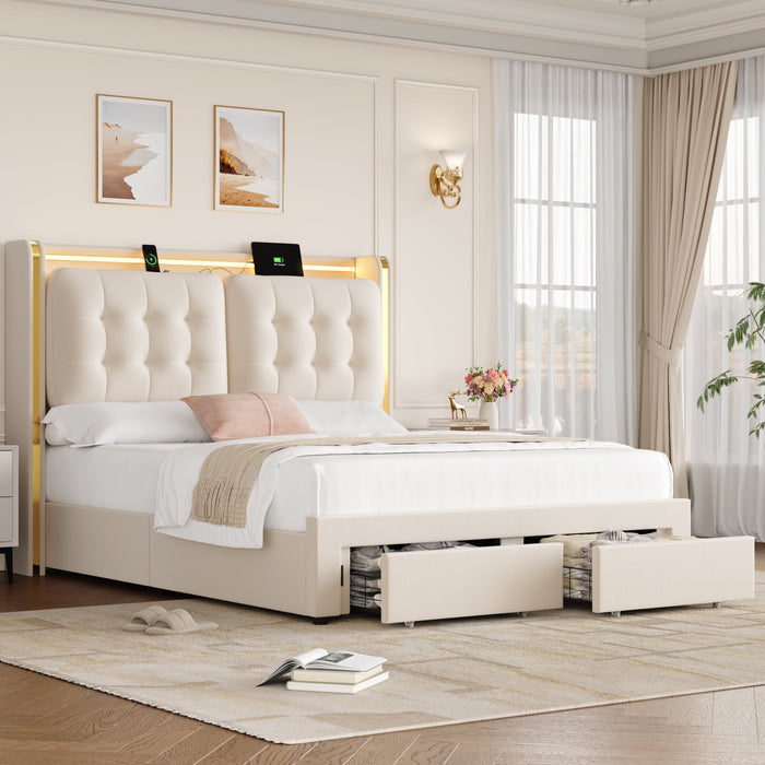 Homfa Queen Size Velvet Upholstered Wingback Storage Bed, LED Light Headboard with Charging Station, Off-White