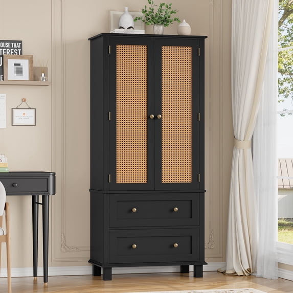 Homfa Rattan Cabinet with Doors, Tall Storage Cabinet with 2 Drawers, Narrow Accent Versatile Cabinet for Living Room, Black