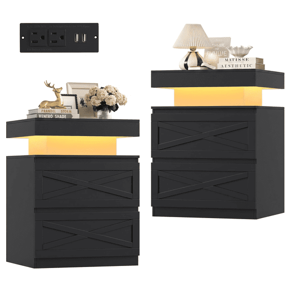 Homfa Set of 2 Bedroom Nightstands with LED Lights & Charging Station, 2 Drawers End Side Table with Storage for Living Room, Black