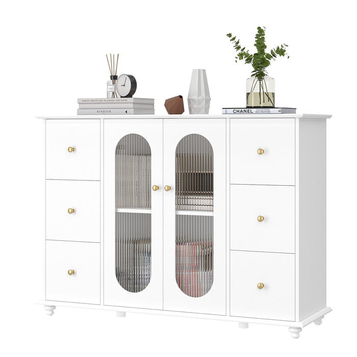 Homfa Sideboard Buffet Cabinet with Glass Door, 6 Drawers Storage Cabinet Console Table for Lving Room Entryway Dining Room Kitchen, White