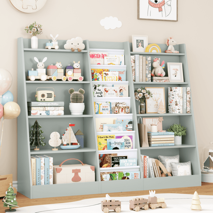 Homfa Triple Width Bookcase, Storage Bookshelf with 8 Canvas Sleeves, Wood Display Magazine & Toy Organizer, Gray