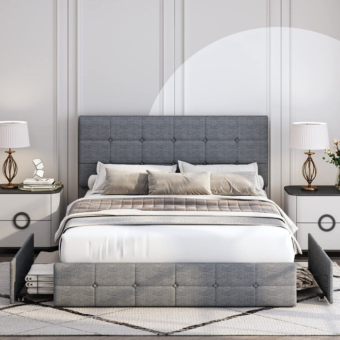 Homfa Tufted Storage Platform Bed Frame, Queen Light Grey Bed Frame with 4 Drawers, Upholstered with Adjustable Headboard