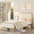 Homfa Twin Size Bed Frame, Heavy-Duty Metal Tube Platform Bed Frame with Velvet Tufted Headboard for Bedroom, Gold & Beige