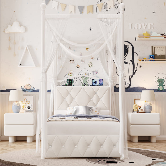 Homfa Twin Size Canopy Bed Frame, 1 Big Drawer Storage Platform Bed, Button Tufted Upholstered Headboard with Charging Station, Off-White