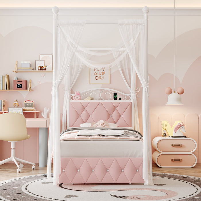 Homfa Twin Size Canopy Bed Frame, 1 Big Drawer Storage Platform Bed, Button Tufted Upholstered Headboard with Charging Station, Pink