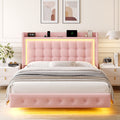 Homfa Twin Size Floating Bed with RGB LED Lights Charging Station, Velvet Upholstered Platform Bed with Storage Headboard, Pink