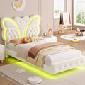 Homfa Twin Size Floating LED Bed with Butterfly Headboard,Velvet Button Tufted Upholstered Platform Bed Frame, Pink