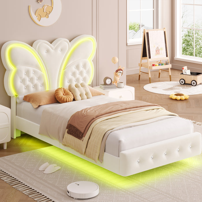 Homfa Twin Size Floating LED Bed with Butterfly Headboard,Velvet Button Tufted Upholstered Platform Bed Frame, Pink