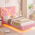 Homfa Twin Size Floating LED Bed with Butterfly Headboard,Velvet Button Tufted Upholstered Platform Bed Frame, Beige