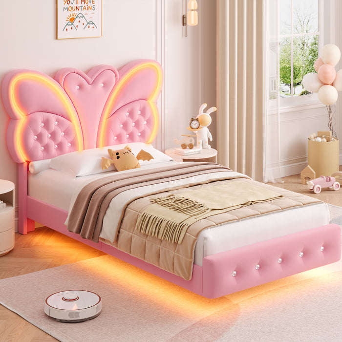Homfa Twin Size Floating LED Bed with Butterfly Headboard,Velvet Button Tufted Upholstered Platform Bed Frame, Beige