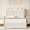 Homfa Twin Size LED Bed Frame with Drawer, Velvet Crystal Button Upholstered Platform Bed Frame with Outlets and USB Ports & Display Platform, No Box Spring Needed, Beige