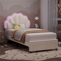 Homfa Twin Size LED Bed Frame with Drawer, Velvet Upholstered Platform Bed with Adjustable Petal Headboard for Kid, Beige