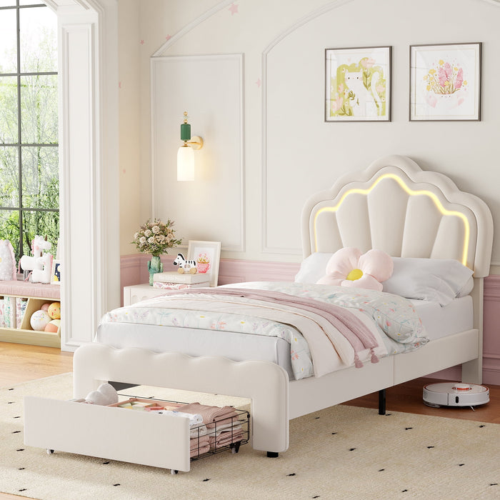 Homfa Twin Size LED Bed Frame with Drawer, Velvet Upholstered Platform Bed with Adjustable Petal Headboard for Kid, Beige