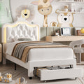 Homfa Twin Size LED Bed Frame with Storage Drawer, PU Leather Crown Platform Bed with Crystal Tufted Upholstered Adjustable Headboard, White