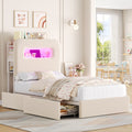 Homfa Twin Size LED Bed Frame with Storage Headboard & 2 Drawers, Velvet Upholstered Platform Bed Frame with USB Ports & Outlets, Off-White