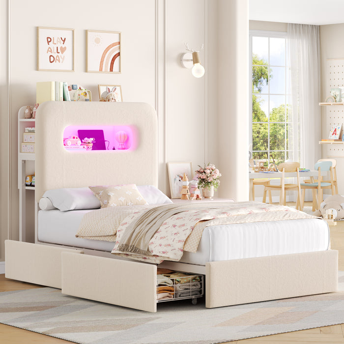 Homfa Twin Size LED Bed Frame with Storage Headboard & 2 Drawers, Velvet Upholstered Platform Bed Frame with USB Ports & Outlets, Off-White