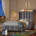 Homfa Twin Size Upholstered Bed Frame with LED Light Stripe and USB Ports, Car-Shaped Velvet Tufted Bed Frame with Decorative Wheels, Beige