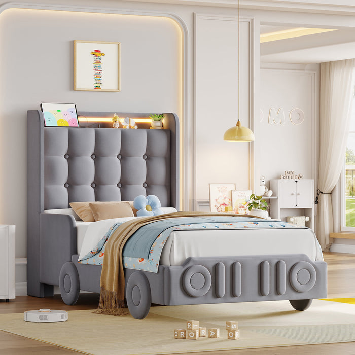 Homfa Twin Size Upholstered Bed Frame with LED Light Stripe and USB Ports, Car-Shaped Velvet Tufted Bed Frame with Decorative Wheels, Bluish Gray