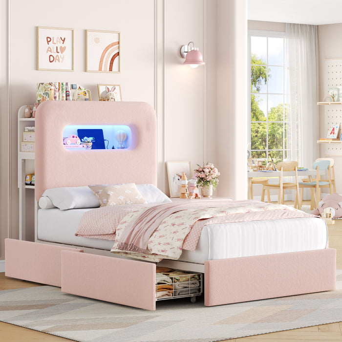 Homfa Twin Size Velvet Upholstered Bed with LED Lights & 2 Drawers, Storage Headboard Platform Bed Frame with USB Ports & Outlets, Pink
