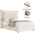 Homfa Twin Size Velvet Upholstered Wingback Storage Bed, LED Light Headboard with Charging Station, Off-White