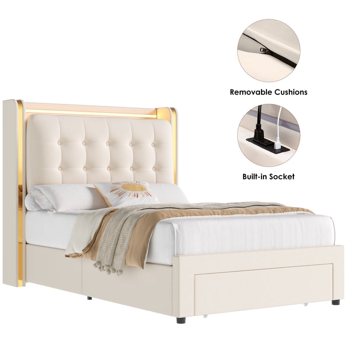 Homfa Twin Size Velvet Upholstered Wingback Storage Bed, LED Light Headboard with Charging Station, Off-White