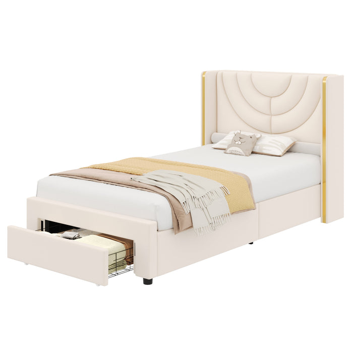 Homfa Twin Size Velvet Upholstered Wingback Storage Bed, Wall Wash LED Light Headboard, Off-white