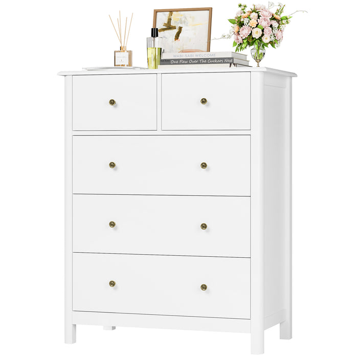 Homfa White Dresser of 5 Drawers, Dresser Chest with Easy Pull Handle for Bedroom