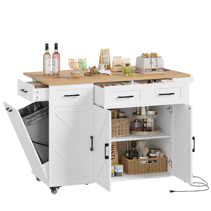 Homfa White Kitchen Island with Drop Leaf & Power Outlet, Rolling Kitchen Island Cart with Storage, 2 Drawers, 2 Cabinets, Trash Bin Cabinet, Spice Rack and Locking Wheels, White & Natural