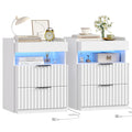 Homfa White Nightstand Set of 2 with Charging Station & LED Lights, 24.4" Fluted Bedside Tables with 2 Drawers, USB & Type-C Ports, Modern End Tables for Bedroom, Living Room
