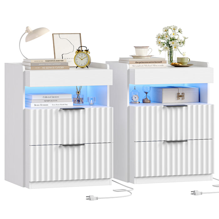 Homfa White Nightstand Set of 2 with Charging Station & LED Lights, 24.4" Fluted Bedside Tables with 2 Drawers, USB & Type-C Ports, Modern End Tables for Bedroom, Living Room