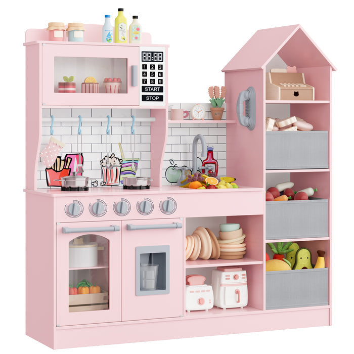 Homfa Wooden Pretend Play Kitchen with Drawers, Kids Toy Set w/Realistic Design, Telephone, Utensils, Oven, Microwave, Sink - Pink