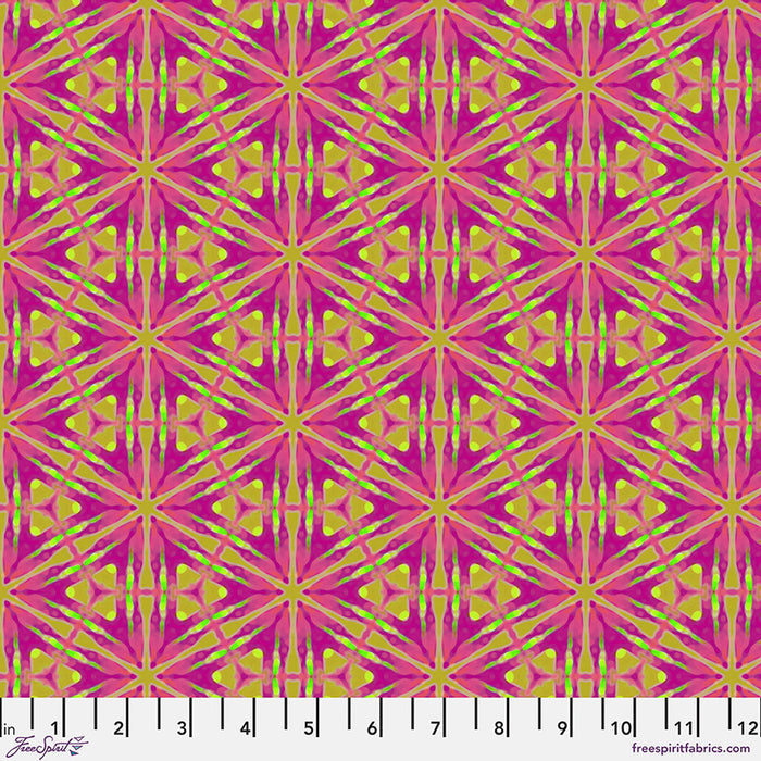 A geometric honeycomb pattern printed on a cotton quilting fabric with a cm ruler