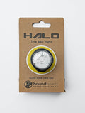 Stock image of the HoundHeadz Halo Light, with a white background. Light is placed on cardboard packaging.
