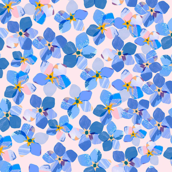 Pattern of blue flowers with yellow centers on a light pink cotton quilting fabric